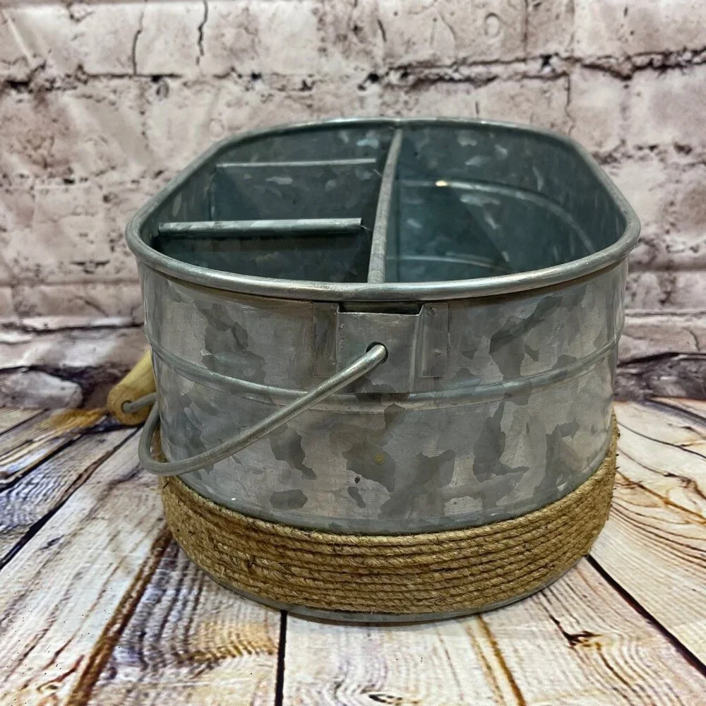 Silverware, Condiments/Napkins Galvanized & Twine Bucket New‎ With Tags!